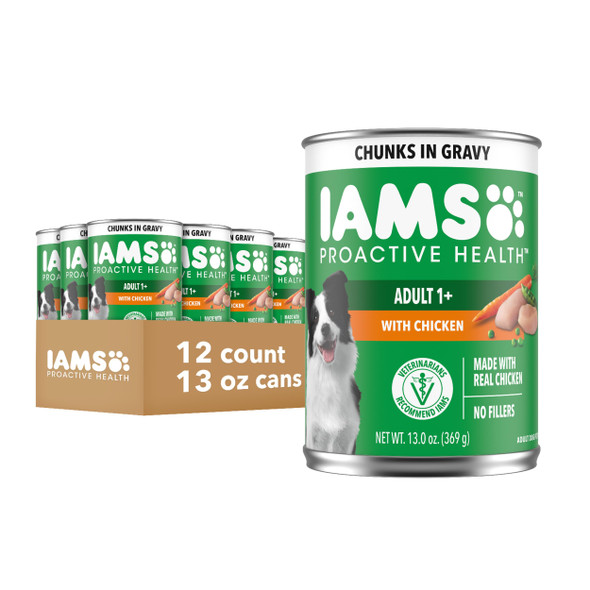 Iams Proactive Health Wet Dog Food Adult Canned Dog Food Chicken Chunks In Gravy And Beef Chunks In Gravy 13 Oz. Cans Pack Of 12