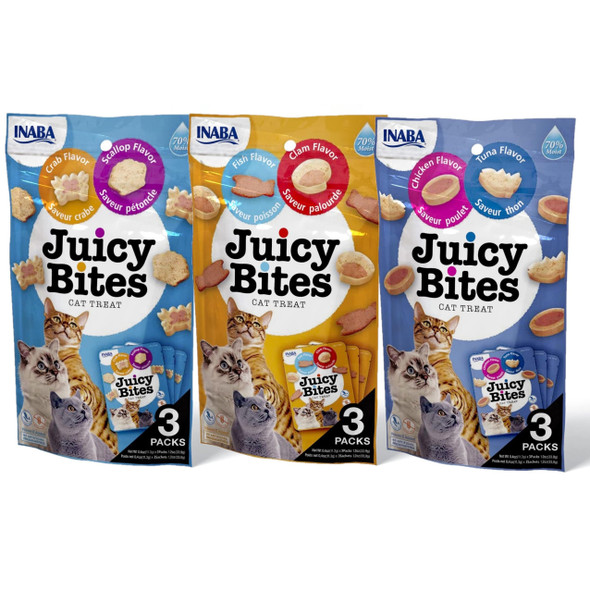 Inaba Juicy Bites Grain- Soft Moist Chewy Cat Treats With Vitamin E And Green Tea Extract 0.4 Ounces Per Pouch 9 Pouches Total (3 Per Bag) 3 Flavor Variety Pack