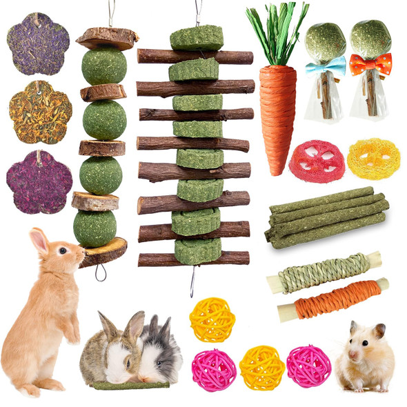 Jorewood 21 Pcs Rabbit Chew Toys For Teeth Natural Bunny Toys Peach Wood Grass Timothy Sticks Chew And Treat For Guinea Pigs Hamster Chinchillas And Other Small Pets