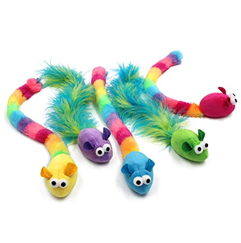 Jumpaws 5 Pack Interactive Catnip And Feather Cat Toys Multi-Colored Mice With Long Feather Tail Accessories For Indoor Cat Catnip Plush Toys With Natural Feathers And Rattles