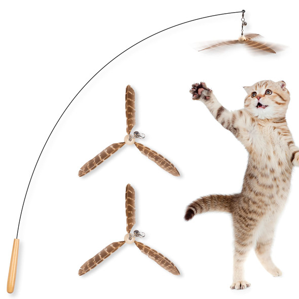 Jxfukal Cat Wand Toys Interactive Cat Toys With 3 Feather Refills 29'' Flexible Steel Wire Sturdy Wood Handle & Bell For Kitty Kitten Cat Toys For Indoor Cats Teaser Cat String Toy