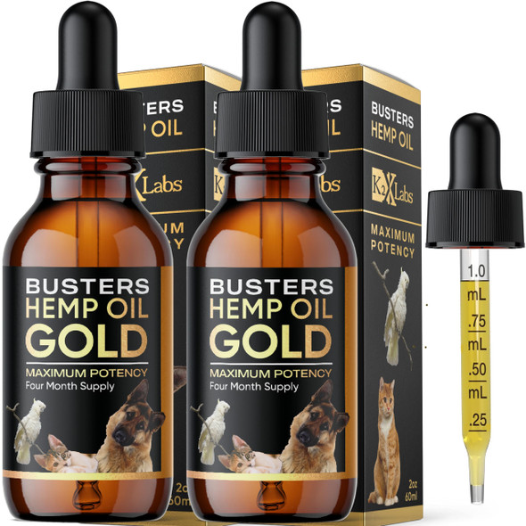 K2Xlabs Buster'S Gold Organic Hemp Oil For Dogs And Cats 2 Large 60Ml Bottles 4 Month Supply Made In Usa - Miracle Formula Perfectly Balanced Omega 3 6 9 - Joint Relief Calming (2-Pack)