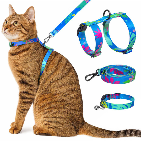 Kaazylab Cat Harness And Leash Set With Matching Collar Escape Proof Harness For Cats Adjustable & Lightweight Tropical Hawaiian Leaf Print Easy Wear For Outdoor Walking & Training