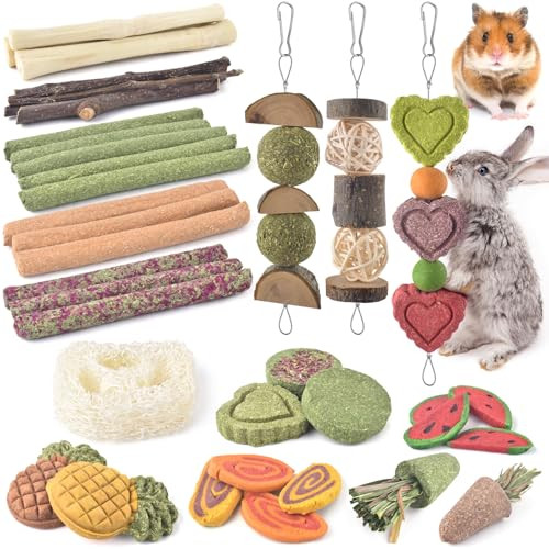 Katumo 38 Pcs Rabbit Chew Toys With 3 Types Of Strung Hanging Toys Natural Bunny Teeth Care Chew Kit Apple Wood Sweet Bamboo Grass Timothy Sticks For Guinea Pig Hamster Chinchilla Small Animals
