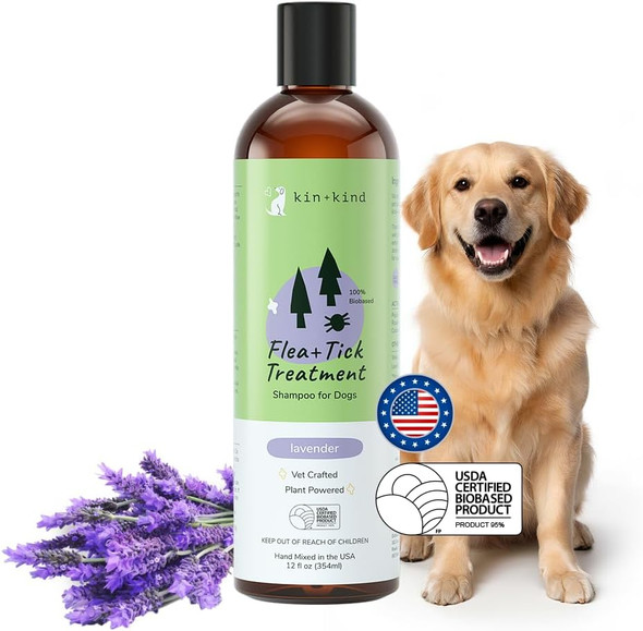 Kin+Kind Dog Shampoo Flea And Tick Vet Formulated - Natural Flea And Tick Prevention For Dogs - Plant Powered Shampoo W/Coconut & Olive Oil - Dog Supplies - Lavender Scent - Made In Usa 12 Fl Oz