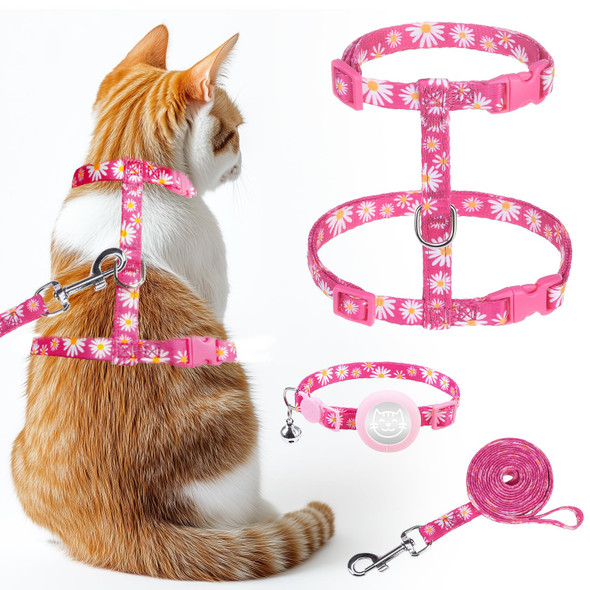 Kooltail Cat Harness And Leash Set Escape Proof With Airtag Holder Collars (3 In 1) Comfortable Lightweight Adjustable Kitten Harness For Small Medium Large Cats Safe Walking & TravelPink Daisy