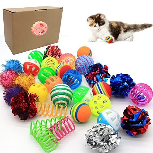 Lasocuhoo Cat Toys Kitten Assortment - Rainbow Crinkle Sparkle Bell & Sisal Balls For All Cats - 30 Packs