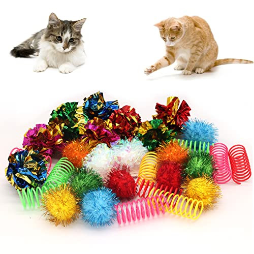 Lasocuhoo Cat Toys 30 Packs Interactive Cat Toy Pack Including Cat Crinkle Balls Cat Sparkle Balls Spiral Springs For Kitten
