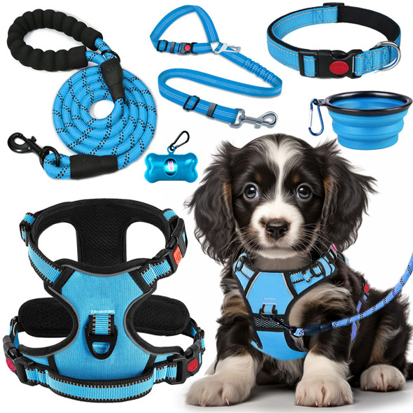 Lobeve No Pull Dog Harness Collar & Leash Set Includes Dog Seat Belt Collapsible Bowls & Poop Bag Dispenser. Ideal For Training Walking Hiking. Fits Small To Large Dogs(Blue-L)
