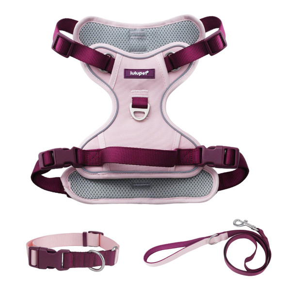 Lulupet 3 In 1 No Pull Dog Harness Leash And Collar Set Soft Adjustable Dogs Vest Reflective And Comfortable Handle Pink Medium