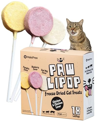 Malsipree Cat Lollipop Treats - Interactive Cat Toy & Ze Dried Cat Treats - Fun Suckers & Pops - Healthy Cat Birthday Treats Cake Alternative & Snack - Food Toppers Chicken & Pumpkin 18 Pack