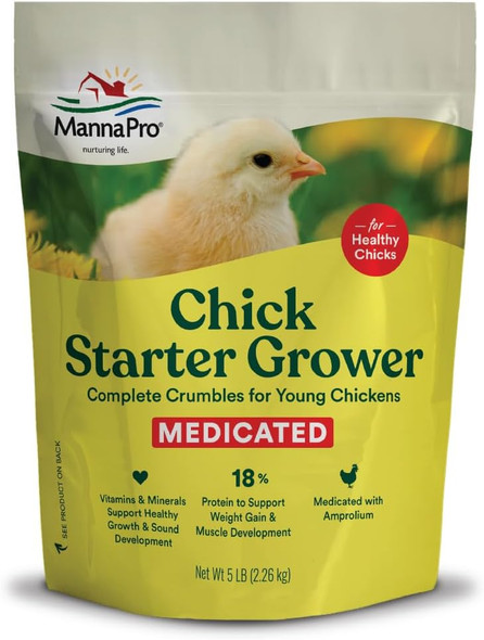 Manna Pro Medicated Chick Starter Grower Feed High Protein Crumbles With Amprolium For Coccidiosis Prevention Complete Chicken Feed For Baby Chicks And Pullets For Healthy Growth 5 Lb Bag