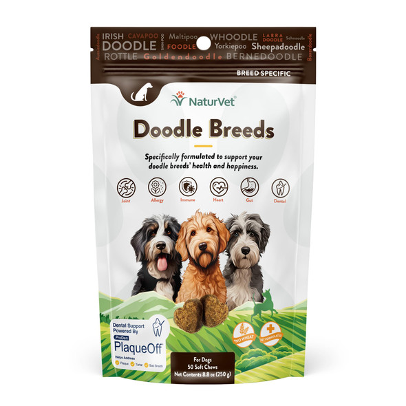 Naturvet Doodle Breeds Supplement- For Joint Support Digestion Skin Coat Care- Dog Multivitamins With Minerals Omega-3 Plaqueoff- Wheat- Vitamins For Dogs- Doodle Breeds- 50 Soft Chews