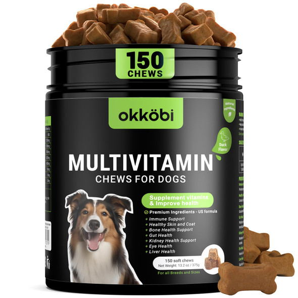 Okk Bi Dog Vitamins And Supplements - 150 Dog Multivitamin Chewable - Immune Joint Support Skin Gut Health + Packed With Omega 3S Glucosamine & Probiotics - Safe For Puppy - Chicken
