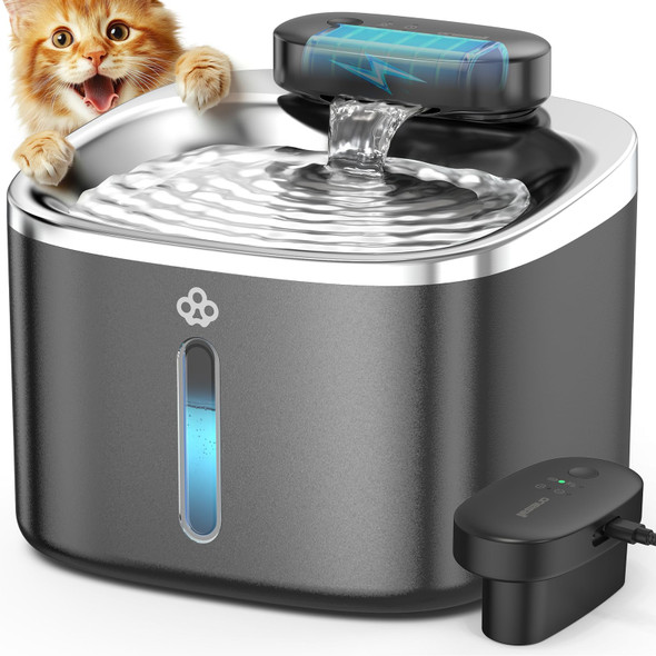 Oneisall Cat Water Fountain 3.5L/118Oz Battery Operated Pet Fountain Stainless Steel Automatic Water Fountains For Cats Indoor Rechargeable (Hale 3.5L Black Color)