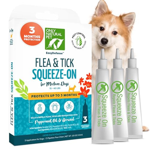 Only Natural Pet Easydefense Flea & Tick Prevention For Medium Breed Dogs (15 To 40 Lbs) - Natural Herbal Control Squeeze-On Drops - Protects Up To 3 Months (M Sqz)