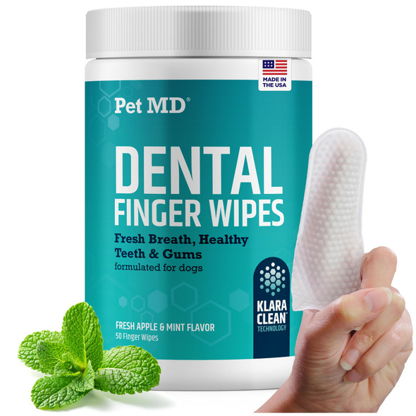 Pet Md Pet Dental Finger Wipes For Dogs - Plaque And Tartar Remover For Dogs To Improve Oral Care - Pet Teeth Cleaning Finger Wipes For Healthy Gums And Fresh Breath - Fresh Apple & Mint 50Ct