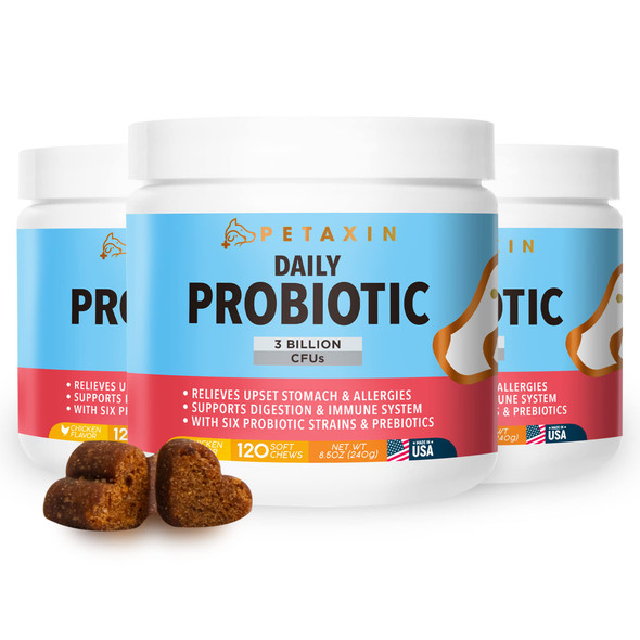 Petaxin Probiotics For Dogs - 6 Strains With Prebiotics - Supports Digestive And Immune System Relief For Diarrhea Bad Breath Allergies Gas Constipation Hot Spots - Made In Usa - 120 Chews