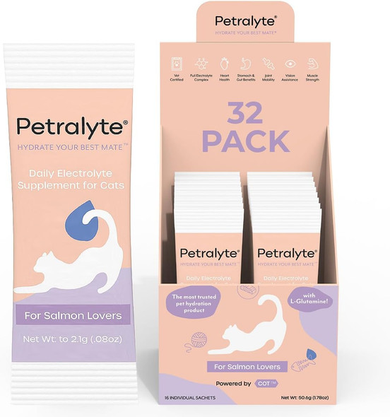 Petralyte Cat Hydration Electrolyte And Cat Joint Supplement Hydration Support For Cats W/Glucosamine Chondroitin L-Glutamine Taurine Lysine & Prebiotics For Salmon Lovers 16 Packets