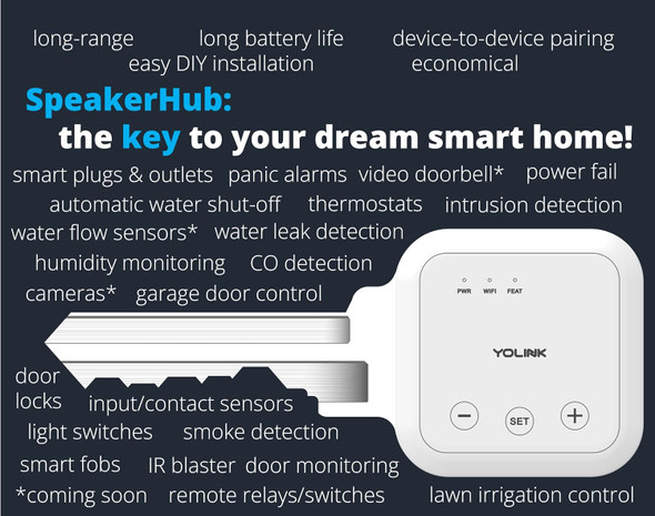 YoLink SpeakerHub - Smart Home Speaker Hub, Plays Tones/Alarms and Your Text-to-Speech Custom Messages, Voice Announcements, Audio Voice Alert, Spoken Alerts, LoRa-Powered ¼ Mile Range, WiFi Required