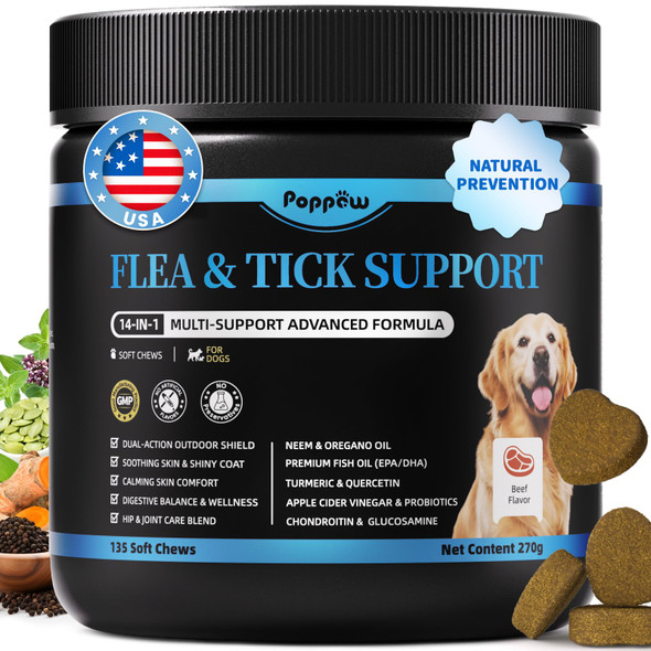 Poppaw Dog Flea And Tick Support Chewable Natural Dog Flea Comfort Supplement Oral Chews With Neem Oregano Oil Pumpkin Seed Oil & Brewer'S Yeast - 135 Soft Chews - Beef Flavor For All Breeds & Sizes