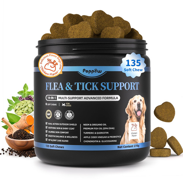 Poppaw Dog Flea And Tick Treatment Chewable 5-In-1 Natural Flea And Tick Prevention Chews Dog Oral Flea And Tick Support Supplement For All Breeds And Ages Chicken Flavor 135 Count