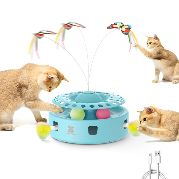 Potaroma Cat Toys 3In1 Automatic Interactive Kitten Toy Fluttering Butterfly Moving Feather Track Balls Dual Power Supplies Usb Powered Indoor Exercise Kicker (Bright White)