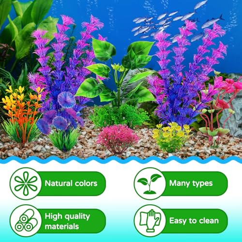 Quozuo Fish Tank Accessories Aquarium Decorations Plants 9Pcs Colorful Fish Tank Artificial Plants And Cave Rock Decor Set Aquarium Decor Plastic Plants