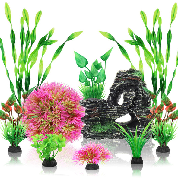 Quozuo 10Pcs Aquarium Artificial Plastic Plants Decorations And Rock Cave Decor Set Fish Tank Accessories Small Large Fish Bowl Ornaments Set