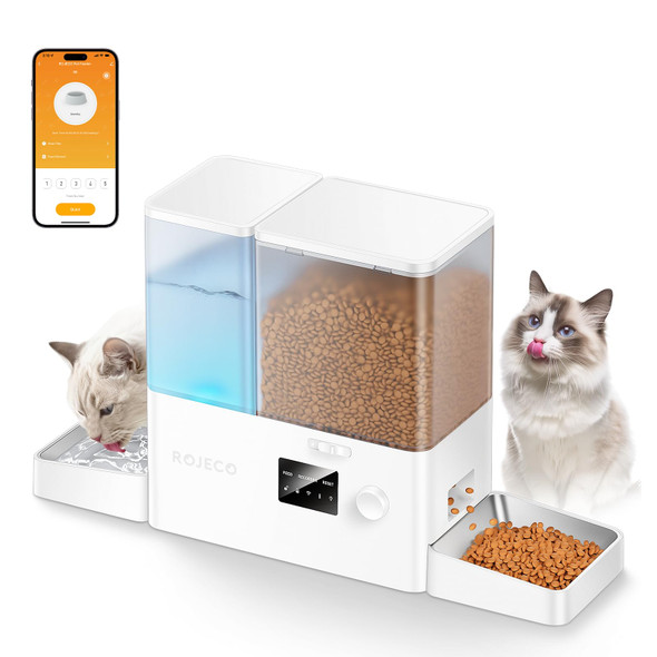 Rojeco Automatic Cat Feeder And Water Dispenser36Cups/8.5L 2-In-1 Stainless Steel Bowls Large Capacity Cat Food Dispenser And Gravity Water Fountain For Cats Small Dogs Puppies Kittens Pets
