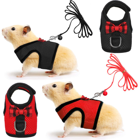 Satinior 2 Pieces Guinea Pig Bunny Harness Soft Mesh Hamster Rat Leash With Safe Bell Ferret Pig Clothes And Leash Set For Hamster Ferrets Rats Bunny Guinea Chinchilla Teacup Chihuahua(SBlack Red)