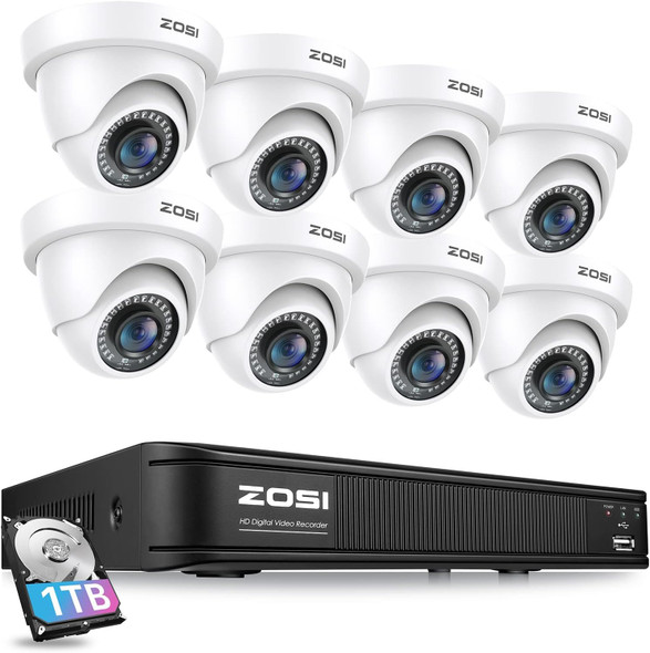 ZOSI H.265+ Home Security Camera System with AI Human Vehicle Detection, 5MP 3K Lite 8 Channel Surveillance DVR and 8 x 1080p Weatherproof CCTV Dome Camera Outdoor Indoor, 80ft Night Vision, 1TB HDD ZOSI H.265+ Home Security Camera System with AI Human Vehicle Detection, 5MP 3K Lite 8 Channel Surveillance DVR and 8 x 1080p Weatherproof CCTV Dome Camera Outdoor Indoor, 80ft Night Vision, 1TB HDD