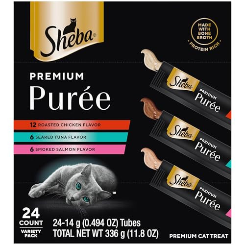 Sheba Premium Puree Cat Treats Lickable Roasted Chicken Flavor Smoked Salmon Flavor And Seared Tuna Flavor 0.49 Oz. Tubes 24 Count
