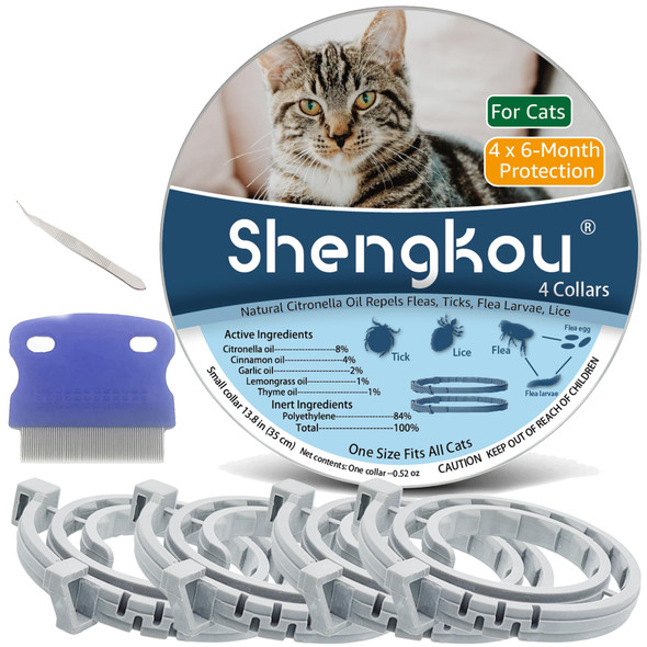 Shengkou Flea And Tick Collar For Cats - 12-Month Protection Crafted With Premium Plant Oils Waterproof Natural Safe For Kittens Includes Comb And Tweezers 13.8 In (2 Packs)