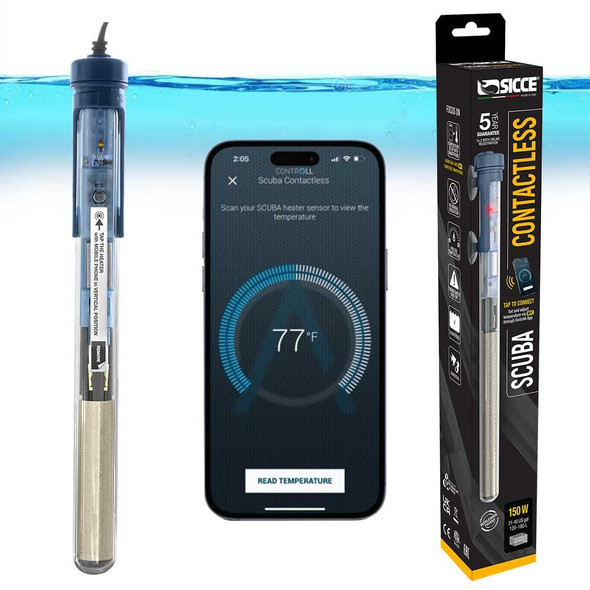 Sicce Scuba 150 Watt Aquarium Fish Tank Heater Smartphone Controlled Via Nfc Contactless App Adjustable 150W Submersible For Marine Saltwater And Freshwater Run Dry Protection