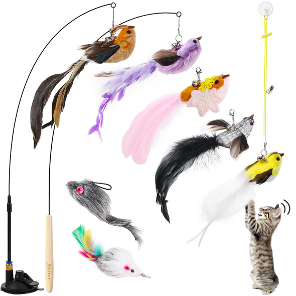 Soarer 4-In-1 Interactive Cat Feather Toys12Pcs Durable Fishing Pole Cats Feathers Toy ReplacementsEnhanced Suction Cup Cats Wand Toy2 Types Door Hanging Cat String Toys For Indoor Kitten