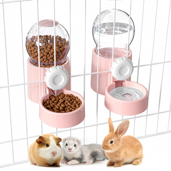 Squsimei 38Oz Hanging Automatic Food Water Dispenser Large Capacity Gravity Rabbit Water Dispenser And Feeder Set For Bunny Guinea Pig Chinchilla Ferret Cage Accessories (Pink)