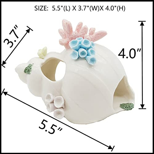 Starryfill Aquarium Decorations White Ceramic Conch Thematic Ornament With Three Holes For Betta Fish Passing Or Hiding SafelyBetta Fish Tank For Small And Medium Fish