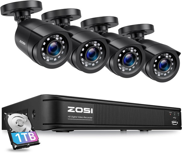 ZOSI 1080P Home Security Camera System, H.265+ 8CH 5MP Lite CCTV DVR Recorder with 1TB HDD and 4 x 1080P Weatherproof Surveillance Bullet Camera Outdoor Indoor, 80ft Night Vision, Motion Alerts ZOSI 1080P Home Security Camera System, H.265+ 8CH 5MP Lite CCTV DVR Recorder with 1TB HDD and 4 x 1080P Weatherproof Surveillance Bullet Camera Outdoor Indoor, 80ft Night Vision, Motion Alerts