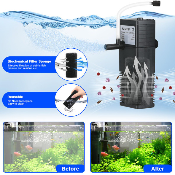 Tararium Aquarium Filter Small Betta Fish Tank Filter For 2-15 Gallon Silent 4-In-1 Adjustable Air Flow Fish Turtle Shrimp Tank Filter Submersible Aquarium Internal Filter 79 Gph Biochemical Rainwater