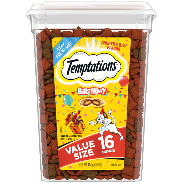 Temptations Birthday Cat Treats Crunchy And Soft Cat Treats Lobster & Beef Flavor 16 Oz. Tub