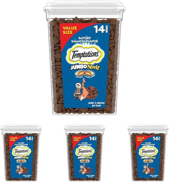 Temptations Jumbo Stuffed Cat Treats Crunchy And Soft Cat Treats Savory Salmon Flavor 14 Oz. Tub