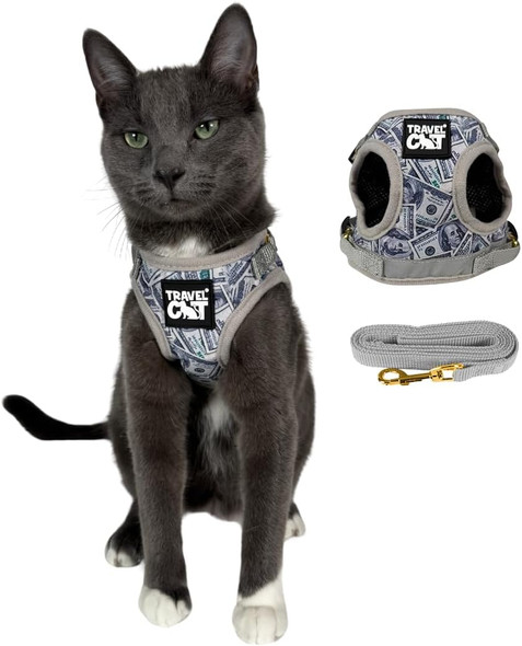 The Fat Cat Travel Cat Harness And Leash Set - Adjustable Fit Harness And Reflective Strap - Comfort Walking Vest For Kitten For Outdoor Walking Hiking (X-Small 90S Cat)
