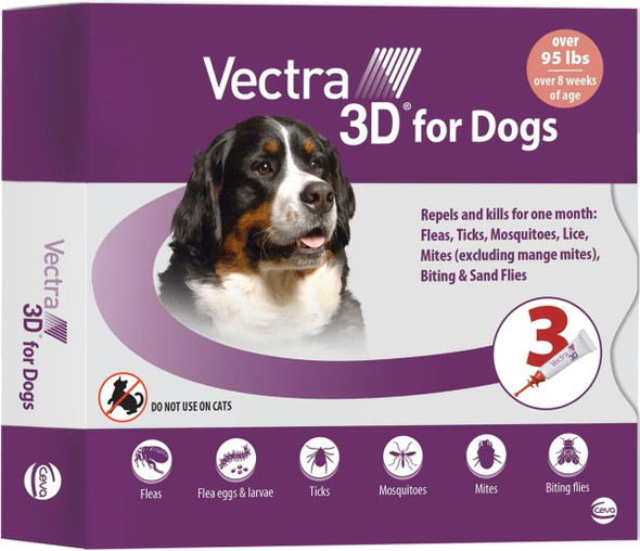 Vectra 3D For Dogs Flea Tick & Mosquito Treatment & Prevention For Extra Large Dogs Over 95 Lbs - 3 Month Supply