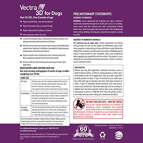 Vectra 3D For Dogs Flea Tick & Mosquito Treatment & Prevention For Extra Large Dogs (Over 95 Lbs) 6 Month Supply
