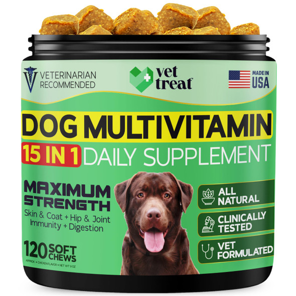 Vet Treat Dog Multivitamin Chewable With Glucosamine & Salmon Oil Made Usa Puppy & Senior Supplement 120 Chews Daily Wellness Support For Joints Immune System Skin & Coat Heart & Digestion