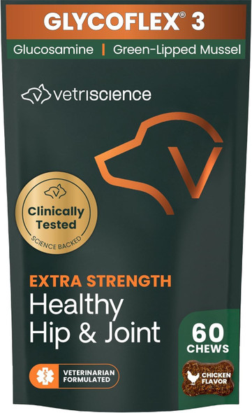 Vetriscience Extra Strength Hip & Joint Supplement For Dogs Glycoflex 3 Vet Formulated Glucosamine Msm & Green-Lipped Mussel Chews For Mobility Flexibility & Joint Support Chicken Flavor 120Ct
