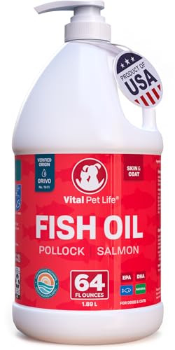 Vital Pet Life Fish Oil For Dogs - Healthy Skin & Coat Salmon Pollock All Natural Supplement For Pets Itching Scratching Allergy & Inflammation Defense Omega 3 Epa Dha Brain & Heart Health 64 Oz