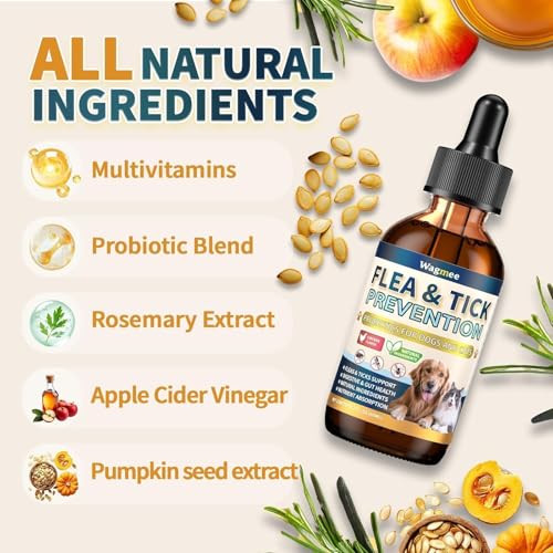 Wagmee Flea And Tick Prevention For Cats And Dogs Natural Flea & Tick Supplement With Probiotics Multivitamin Flea Herbal Drops Supports Healthy Skin Coat & Digestion - All Breeds And Ages - Chicken