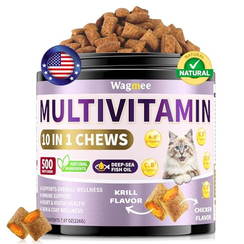 Wagmee Cat Multivitamin With Fish Oil 10 In 1 Taurine For Cats Vitamins Treats - 500 Crunchy & Creamy Chews Supports Energy Bone Joint Skin & Coat Health - With Omega 3S Biotin For All Breeds & Ages
